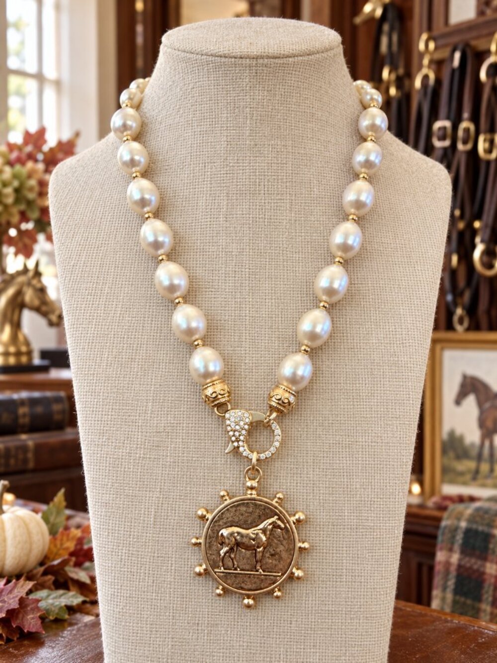 Gold Horse Medallion Pearl Necklace, Equestrian Statement Jewelry, Horse Lover